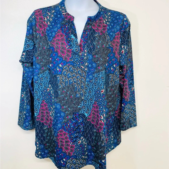 Womans Top Tunic 3X  Colorful Blue Print Jersey Knit Long Sleeve  V Neck Boho - Picture 1 of 11